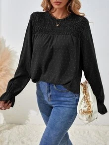SHEIN LUNE Women Blouses Tie Back Shirred Plain Boho - Hitam - View 3