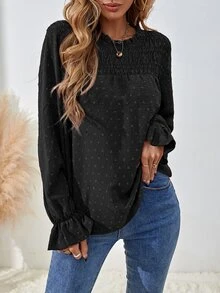 SHEIN LUNE Women Blouses Tie Back Shirred Plain Boho - Hitam - View 4