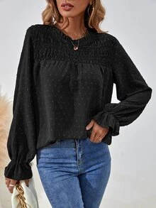 SHEIN LUNE Women Blouses Tie Back Shirred Plain Boho - Hitam - View 5