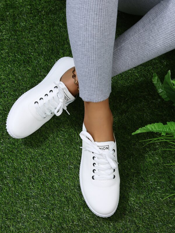 Fall/Winter Letter Graphic Lace-Up Front Skate Shoes, White Athletic Solid Color Women's Casual Sports Shoes,Sneakers For Women
