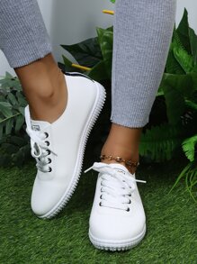 秋冬字母图案系带滑板鞋，白色纯色运动女式休闲运动鞋，女式运动鞋 - 白色 - 查看 2