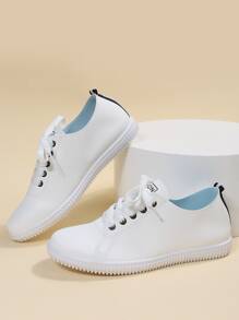 秋冬字母图案系带滑板鞋，白色纯色运动女式休闲运动鞋，女式运动鞋 - 白色 - 查看 3