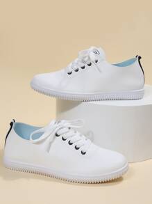 秋冬字母图案系带滑板鞋，白色纯色运动女式休闲运动鞋，女式运动鞋 - 白色 - 查看 4