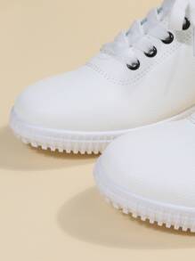 秋冬字母图案系带滑板鞋，白色纯色运动女式休闲运动鞋，女式运动鞋 - 白色 - 查看 5