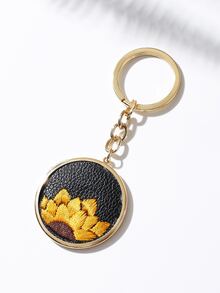 向日葵刺繡圓形吊飾鑰匙圈 - 彩色 - 查看 2