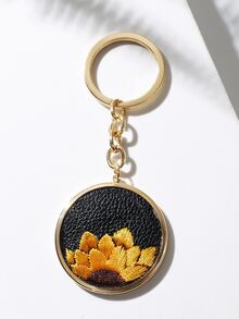 向日葵刺繡圓形吊飾鑰匙圈 - 彩色 - 查看 3