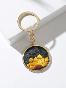 向日葵刺繡圓形吊飾鑰匙圈 - 彩色 - 查看 4