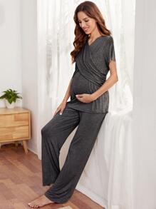 SHEIN 孕婦交叉餵奶上衣和褲子休閒套裝，適合媽媽