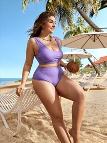 SHEIN Swim Curve Summer Beach Plus Ribbed Bikini Set Low Back Tank Top & High Waisted Bottom 2 Piece Bathing Suit - Lilac Purple - View 1