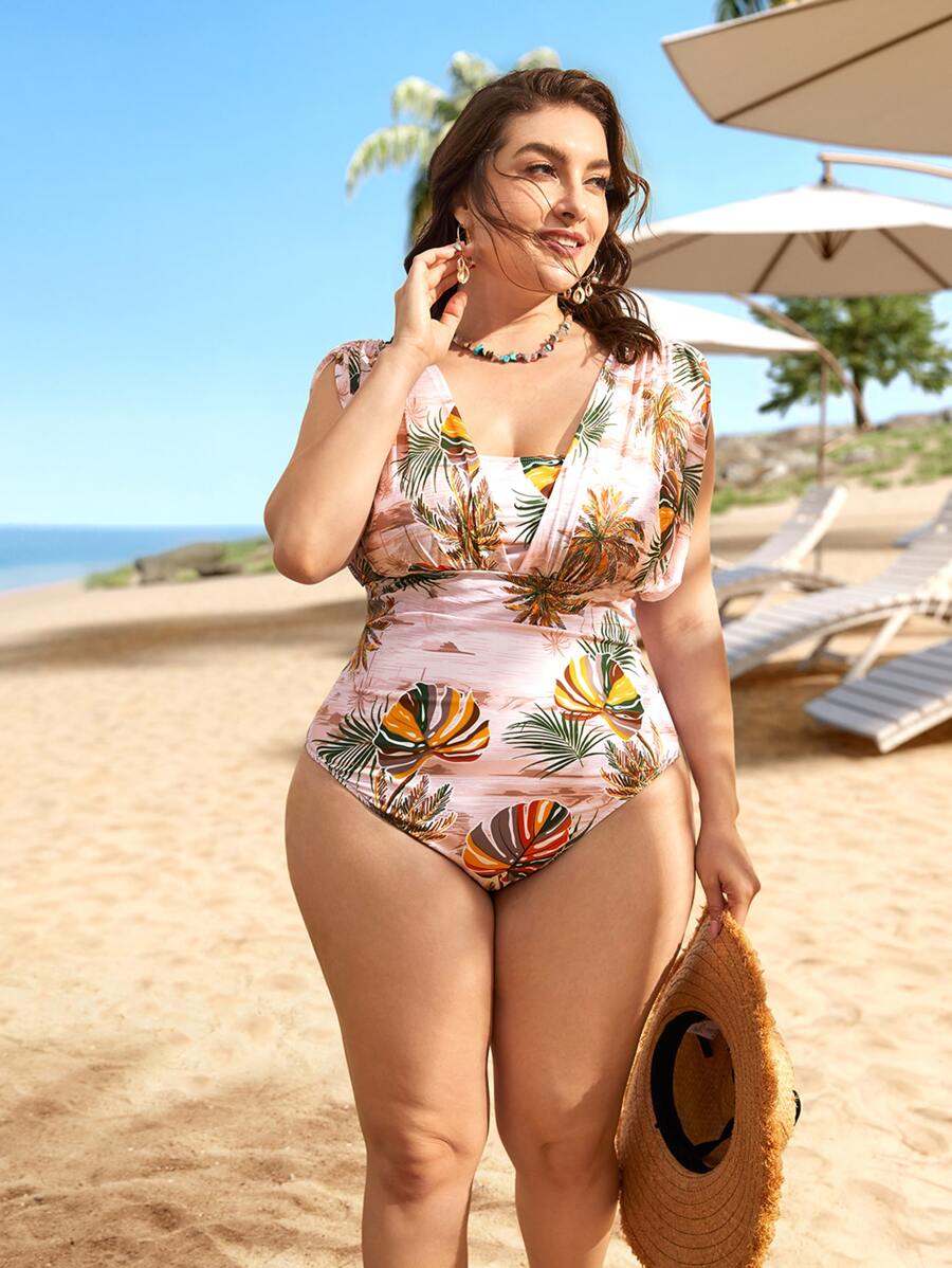 Plus Tropical Print Ruched One Piece Swimsuit - Multicolor - View 1