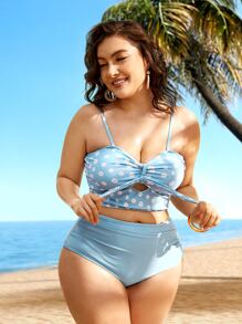 SHEIN Swim Curve Plus Size Floral Print Bikini Set Knot Front Cami Top & Ruched High Waisted Bottom 2 Pieces Bikini Summer Beach - Baby Blue - View 3