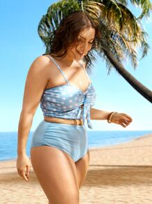 SHEIN Swim Curve Plus Size Floral Print Bikini Set Knot Front Cami Top & Ruched High Waisted Bottom 2 Pieces Bikini Summer Beach - Baby Blue - View 4