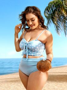 SHEIN Swim Curve Plus Size Floral Print Bikini Set Knot Front Cami Top & Ruched High Waisted Bottom 2 Pieces Bikini Summer Beach - Baby Blue - View 6