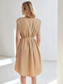 MOTF PREMIUM 腰帶襯衫洋裝 - 卡其色 - 查看 3