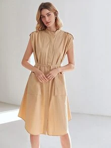 MOTF PREMIUM 腰帶襯衫洋裝 - 卡其色 - 查看 4