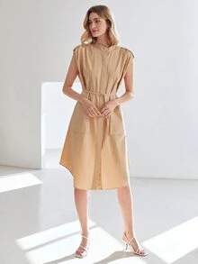 MOTF PREMIUM 腰帶襯衫洋裝 - 卡其色 - 查看 6
