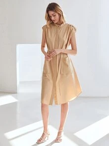 MOTF PREMIUM 腰帶襯衫洋裝 - 卡其色 - 查看 7
