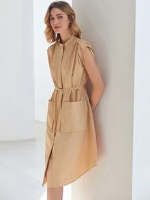 MOTF PREMIUM 腰帶襯衫洋裝 - 卡其色 - 查看 8