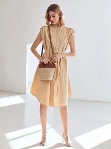 MOTF PREMIUM 腰帶襯衫洋裝 - 卡其色 - 查看 10