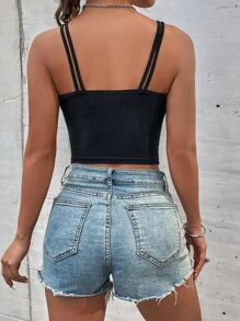 Cut Out Tie Front Crop Cami Top - Black - View 2