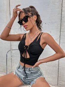 Cut Out Tie Front Crop Cami Top - Black - View 6