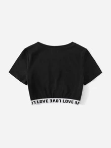 SHEIN Tween Girls Cropped Loose Fit Round Neck Letter Print Patchwork T-Shirt - Black - View 2
