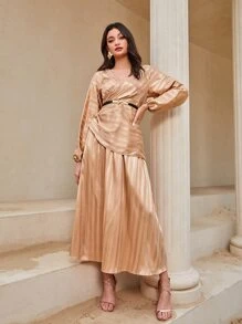 Modelyn 條紋圖案提花燈籠袖緞面上衣和裙子不附腰帶 - 珊瑚橙 - 查看 1