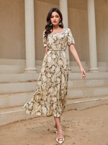 Modelyn Đầm Thắt lưng Xếp li Đá hoa Thanh lịch - Màu be - Xem 1