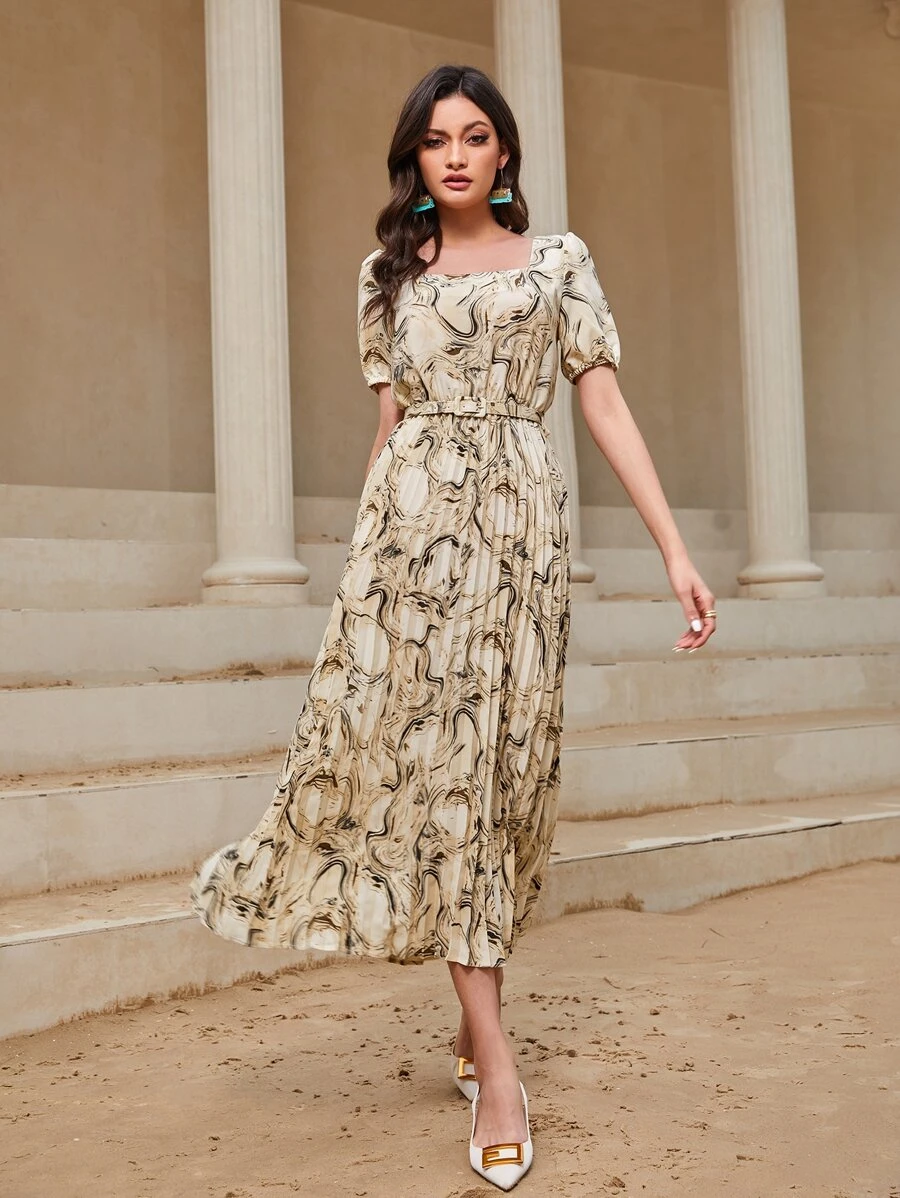 Modelyn Đầm Thắt lưng Xếp li Đá hoa Thanh lịch - Màu be - Xem 1