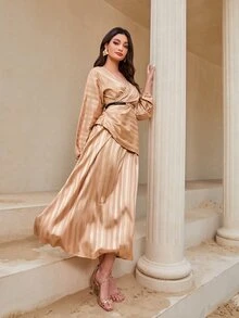 Modelyn 條紋圖案提花燈籠袖緞面上衣和裙子不附腰帶 - 珊瑚橙 - 查看 4