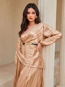 Modelyn 條紋圖案提花燈籠袖緞面上衣和裙子不附腰帶 - 珊瑚橙 - 查看 5