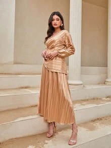 Modelyn 條紋圖案提花燈籠袖緞面上衣和裙子不附腰帶 - 珊瑚橙 - 查看 6