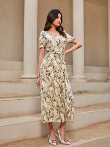 Modelyn Đầm Thắt lưng Xếp li Đá hoa Thanh lịch - Màu be - Xem 5