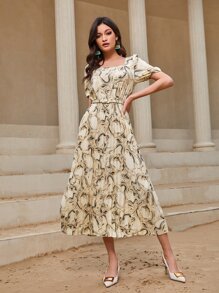 Modelyn Đầm Thắt lưng Xếp li Đá hoa Thanh lịch - Màu be - Xem 6