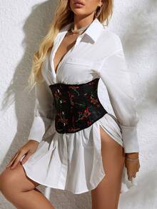 Floral Embroidery Lace Up Corset Belt Without Blouse - Black - View 4