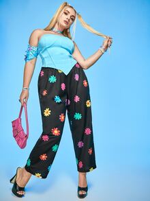 Plus Floral Print Elastic Waist Trousers - Black - View 4
