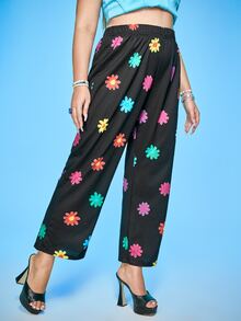 Plus Floral Print Elastic Waist Trousers - Black - View 3