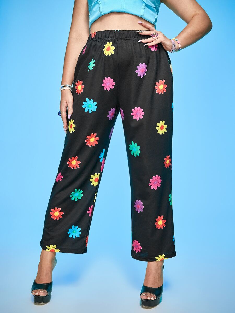 Plus Floral Print Elastic Waist Trousers - Black - View 1