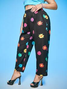 Plus Floral Print Elastic Waist Trousers - Black - View 5