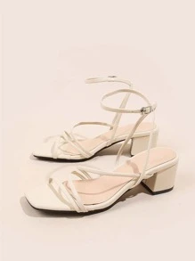 MINGDILIN 女士極簡粗跟踝帶優雅夏天高跟涼鞋 - 米色 - 查看 4