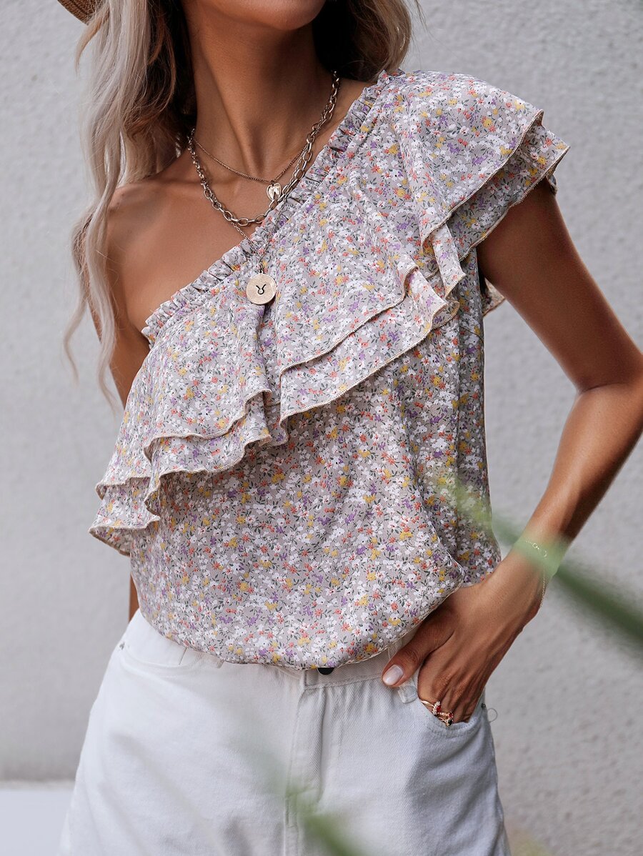 SHEIN Unity Ditsy Floral One Shoulder Ruffle Trim Top - Multicolor - View 1