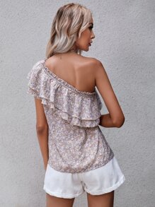 SHEIN Unity Ditsy Floral One Shoulder Ruffle Trim Top - Multicolor - View 2