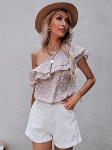 SHEIN Unity Ditsy Floral One Shoulder Ruffle Trim Top - Multicolor - View 4