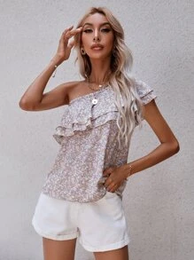 SHEIN Unity Ditsy Floral One Shoulder Ruffle Trim Top - Multicolor - View 6