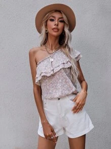 SHEIN Unity Ditsy Floral One Shoulder Ruffle Trim Top - Multicolor - View 7