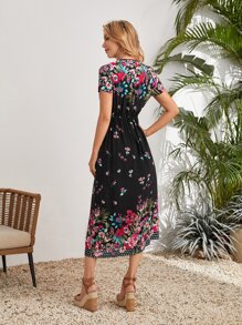 EMERY ROSE Floral Print Surplice Neck Dress - Black - View 2