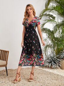 EMERY ROSE Floral Print Surplice Neck Dress - Black - View 3