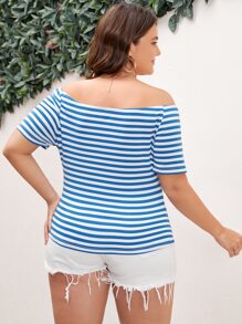 SHEIN Qutie Áo thun Plus size Thắt nơ trước Sọc Giải trí - Xanh và trắng - Xem 2