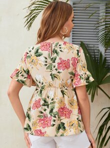 SHEIN 孕妇花卉印花荷叶边袖口荷叶边下摆衬衫 - 彩色 - 查看 2