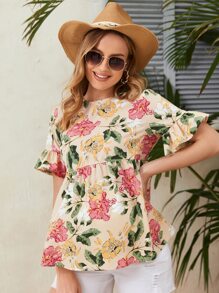 SHEIN 孕妇花卉印花荷叶边袖口荷叶边下摆衬衫 - 彩色 - 查看 3